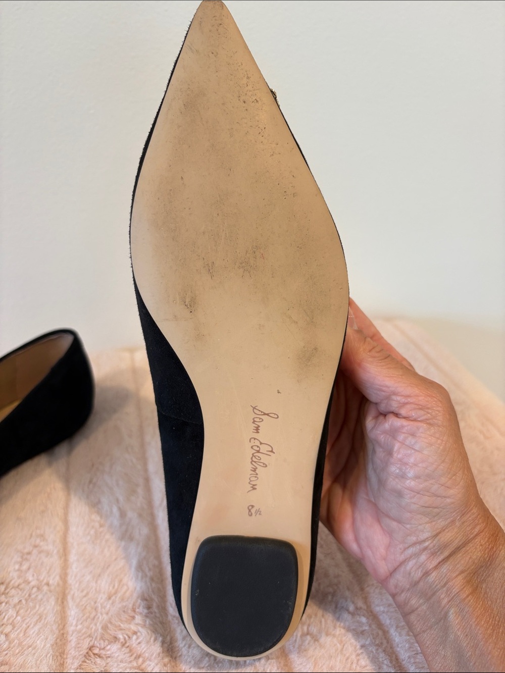 Sam Edelman Black Suede Pointed Toe Flats with Gold Buckle Detail - Picture 5 of 5